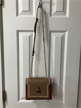 Two-Tone Taupe and Brown Leather Crossbody with Gold Chain
